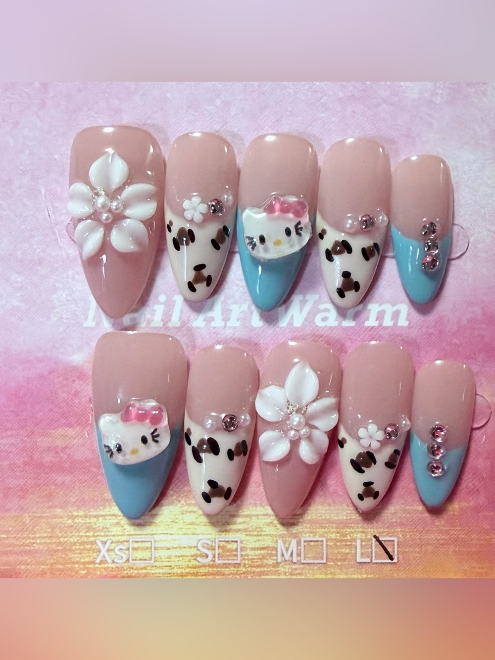 Cute Pink & Blue Cat Nail Art Set - Hello Kitty Inspired. Fits like a medium
